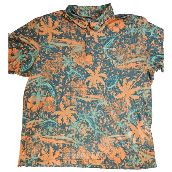 Columbia PFG Polo Men's Size XL Multicolor Floral Fishing Pattern Short Sleeve - Picture 1 of 6